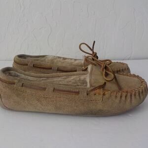 Minnetonka Slippers Cream Beige Suede Leather Faux Fur Women Size 7 M